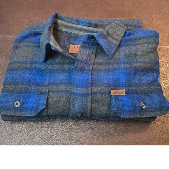 Orvis Shirt Mens XL Blue Plaid Flannel Button Up Long Sleeves Heavyweight Pocket - Picture 2 of 12